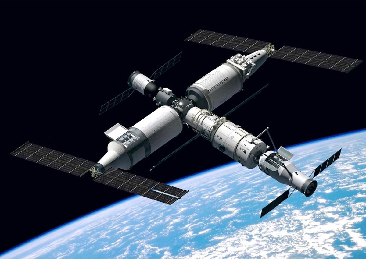 A render of the Tiangong space station with a Shenzhou spacecraft and Tianzhou spacecraft docked.