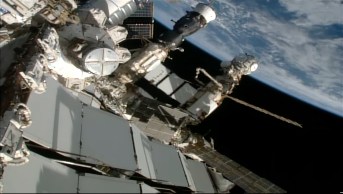 A view of the Russian segment of the ISS and Nauka (right).
