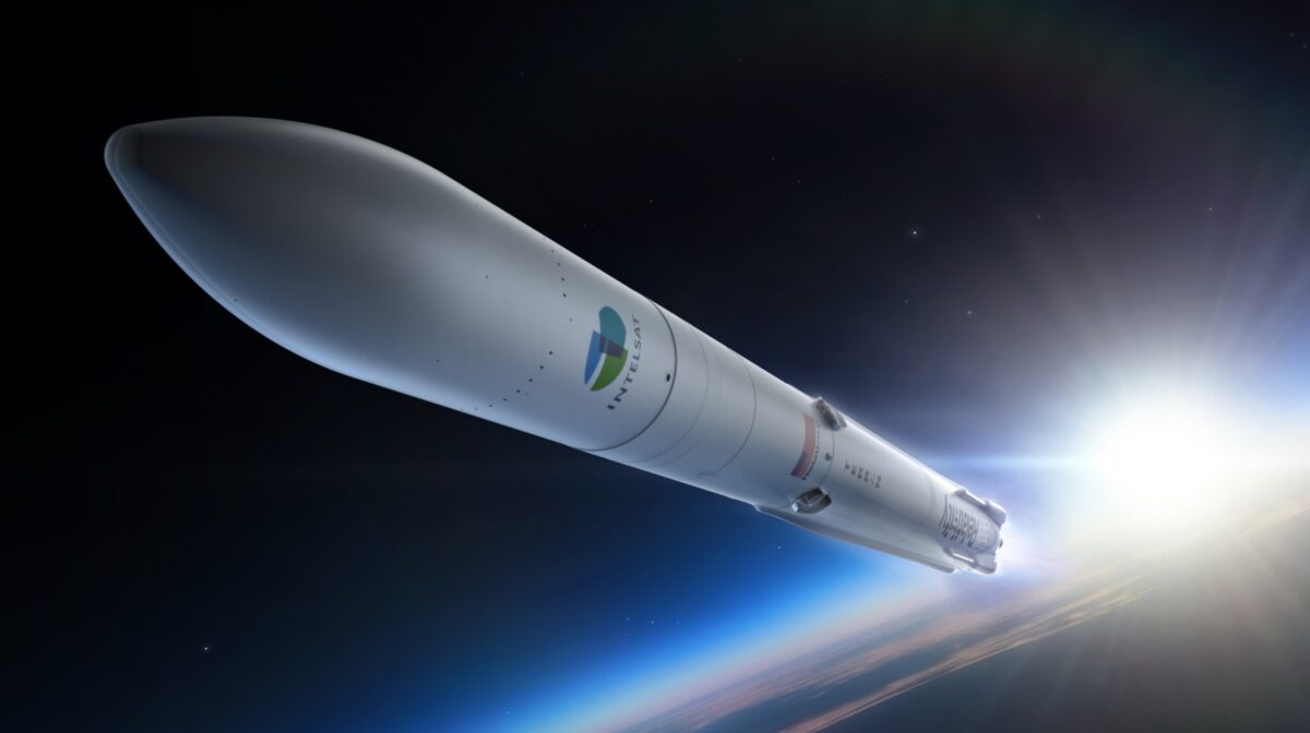 A render of Terran R with an Intelsat logo on the fairing via Relativity Space.