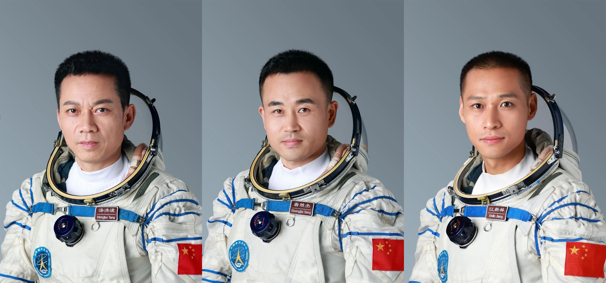 Crew of Shenzhou 17; Tang Hongbo (left), Tang Shengjie (center), Jiang Xinlin (right)