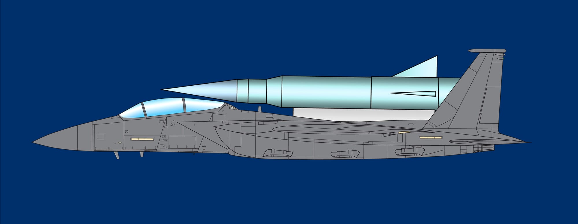 Side view profile showing the revised canopy on the F-15E Global Strike Eagle with one possible launch vehicle payload configuration.