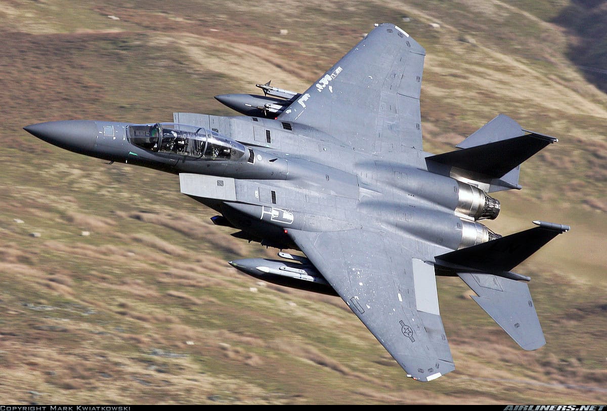 F-15E as seen here at low level through the Bwlch in Low Flying Area 7 ©Mark Kwiatkowski
