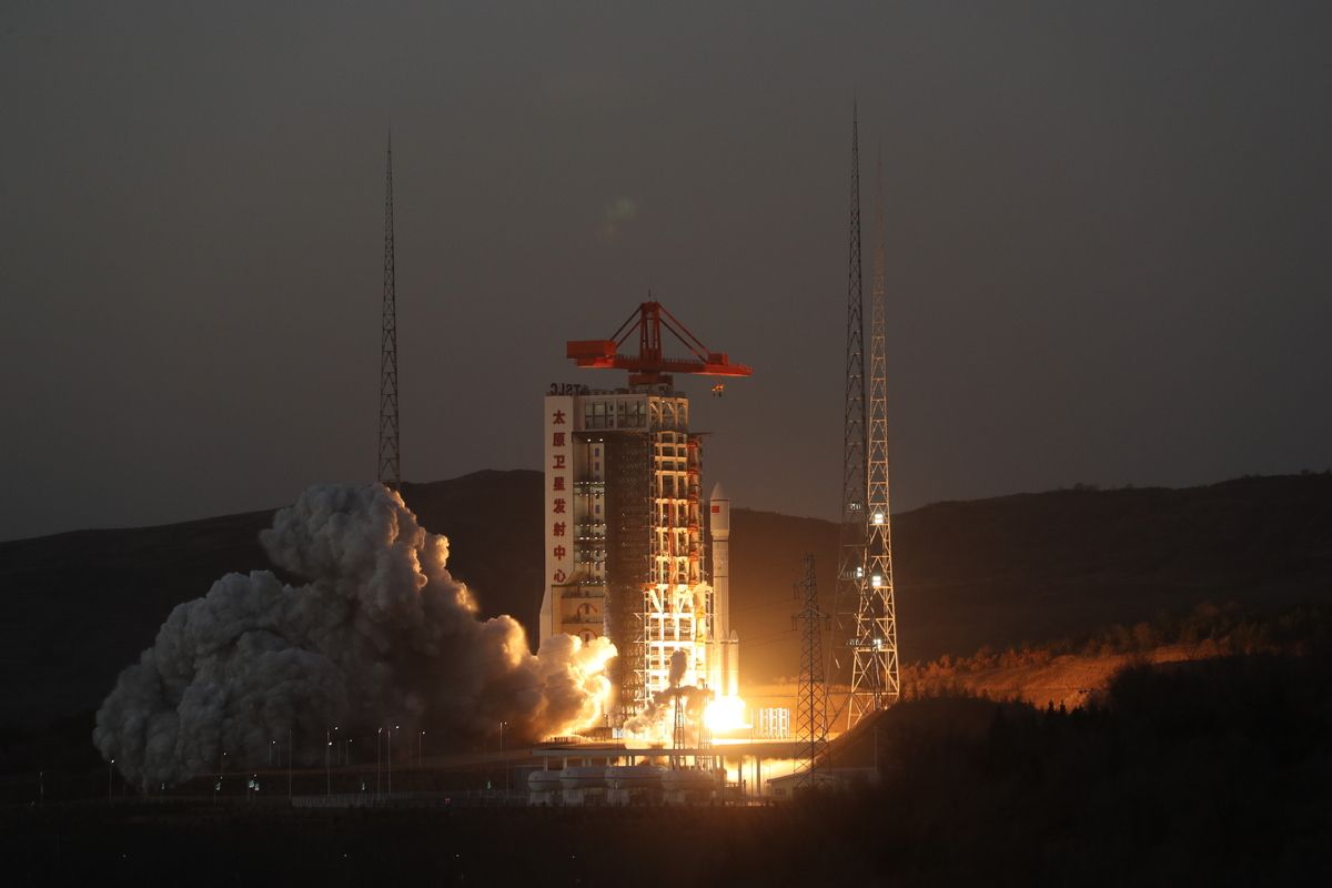 Long March 6A with Tianhui 5 lifting off from its launch pad at the Taiyuan Satellite Launch Center.