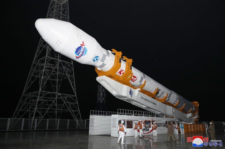 Chŏllima-1 being lifted vertical at the Sohae Satellite Launching Station. ©KCNA