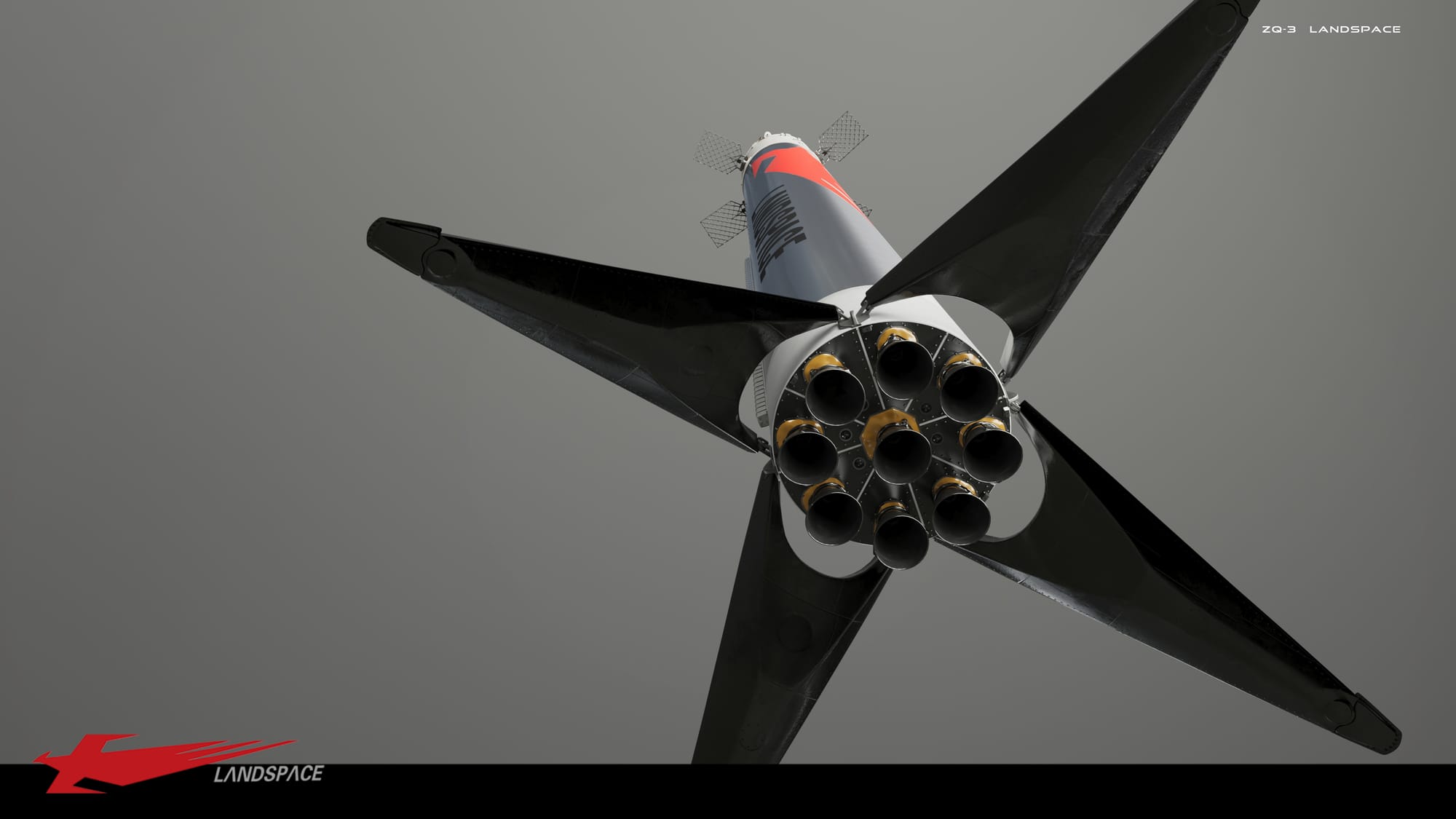 A render looking up the booster of Zhuque-3. ©LandSpace