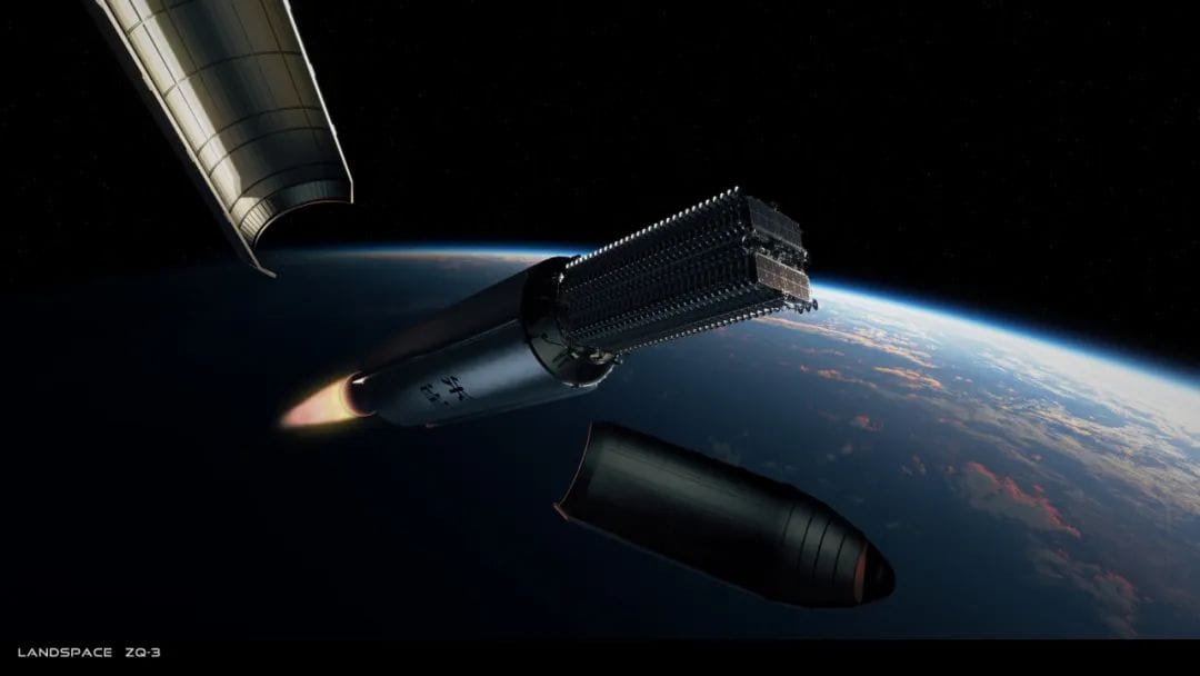 A render of Zhuque-3's second stage in flight after fairing separation. ©LandSpace