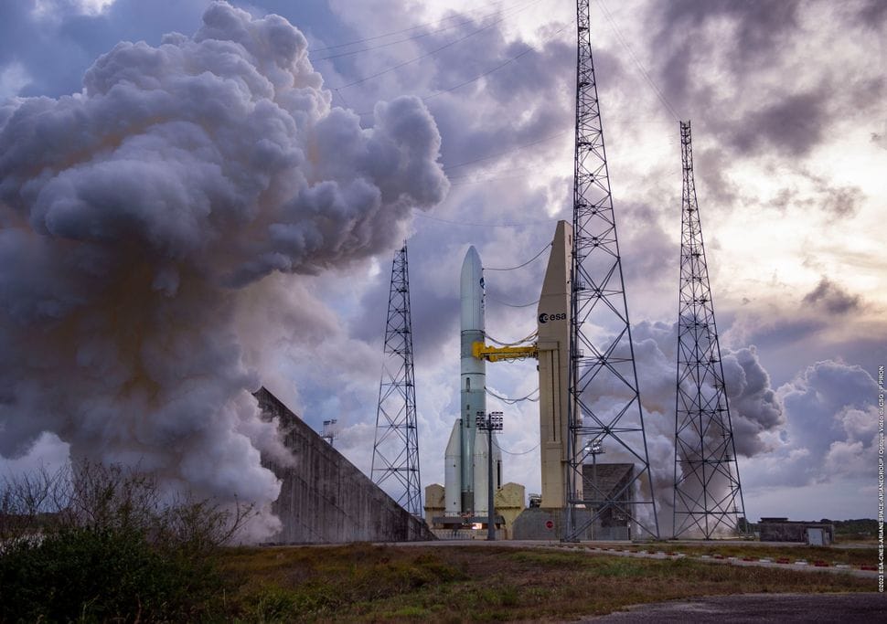 Ariane 6 during a hot-fire test on the 23rd of November 2023. ©ESA/CNES/Arianespace