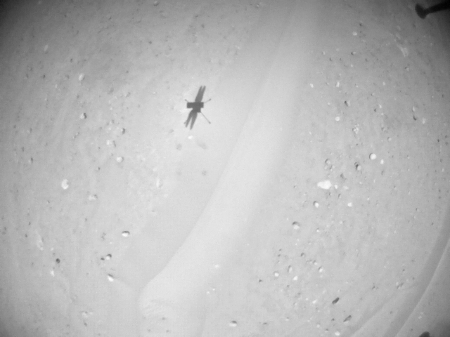 NASA's Ingenuity Mars Helicopter during flight photographing its own shadow during its 69th flight. ©NASA