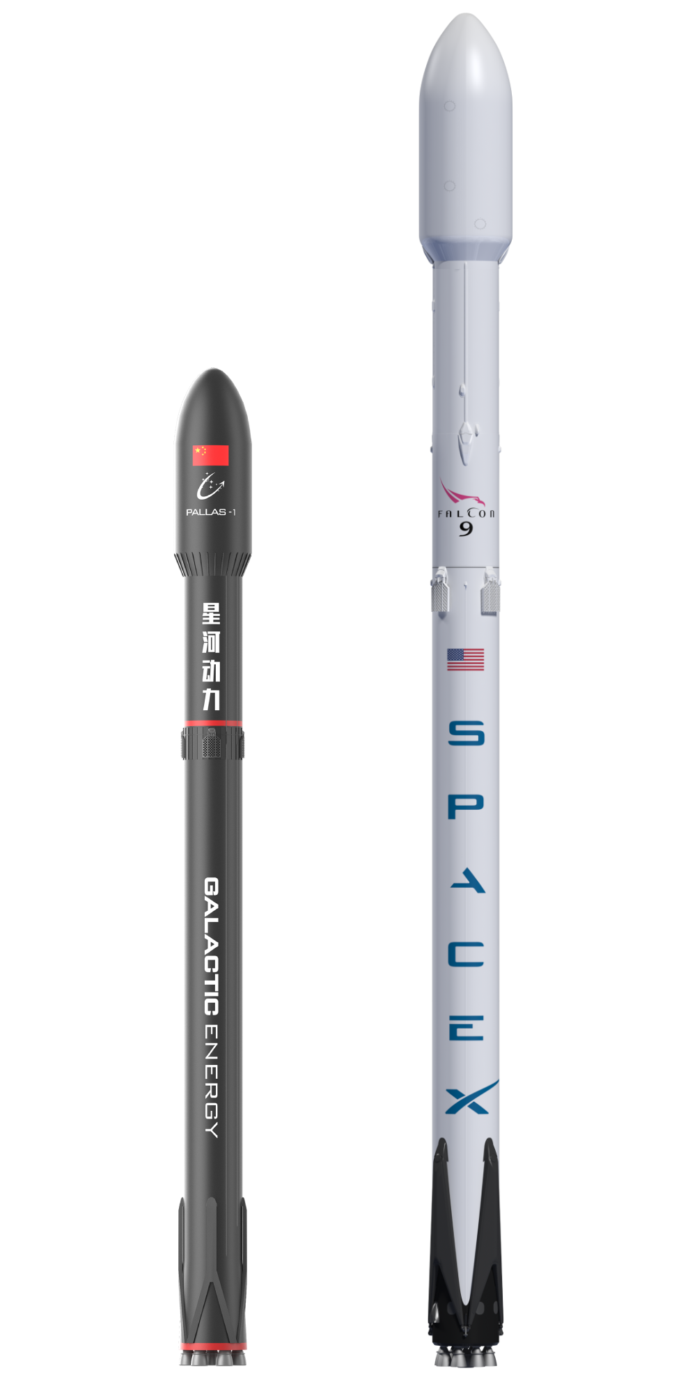 Galactic Enegy's Pallas-1 (left) and SpaceX's Falcon 9. (Not to scale)