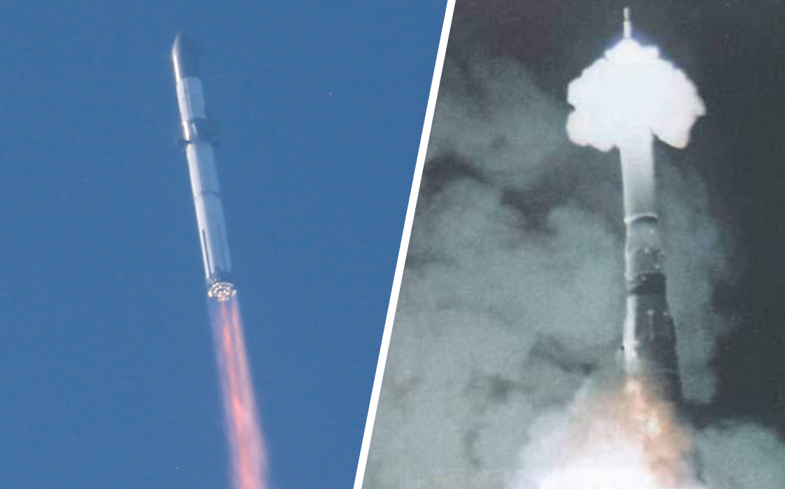 Starship during IFT-1 (left) and the N1 during its second flight (right).