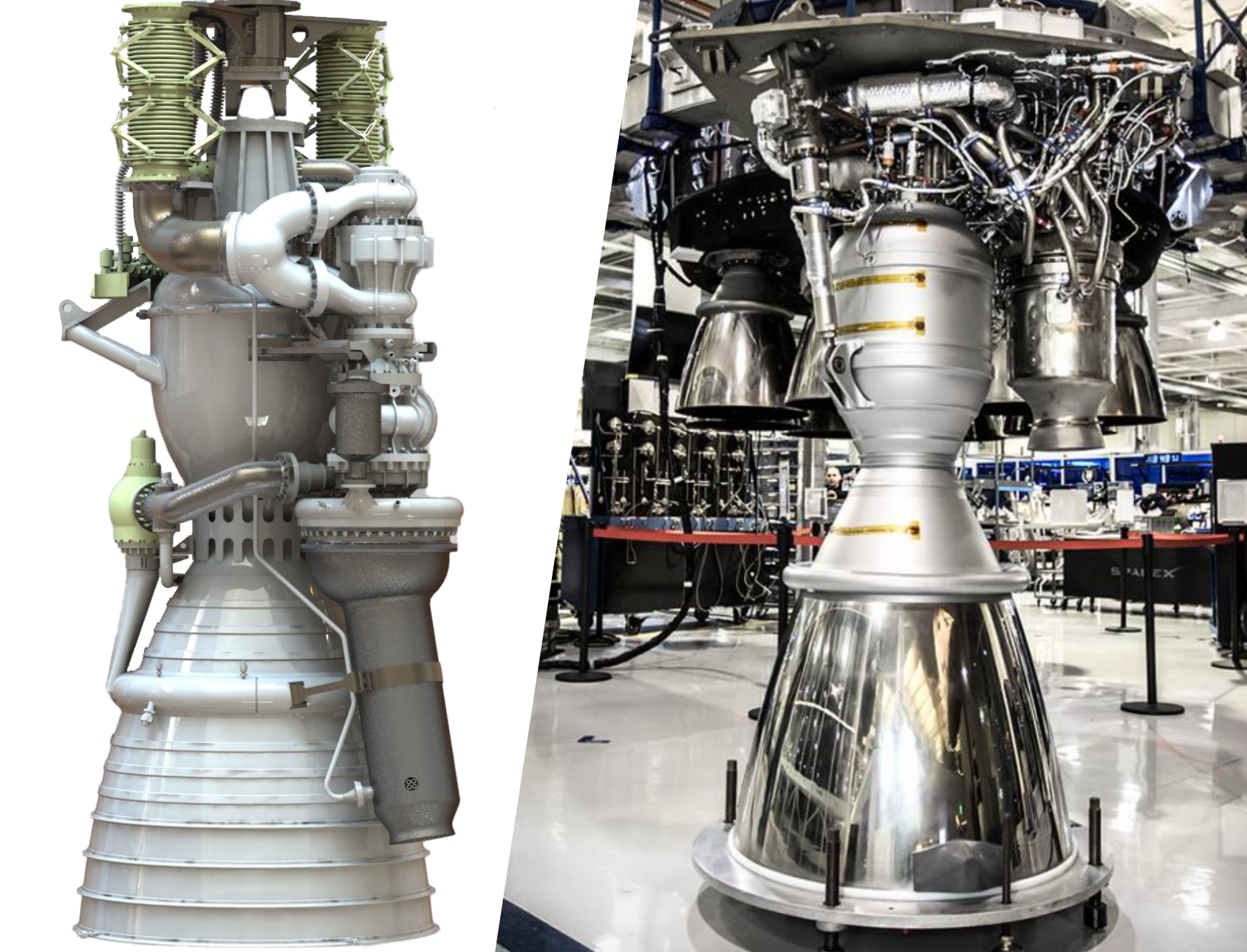 Galactic Energy's Welkin engine (left) and SpaceX's Merlin engine (right). (Not to scale)