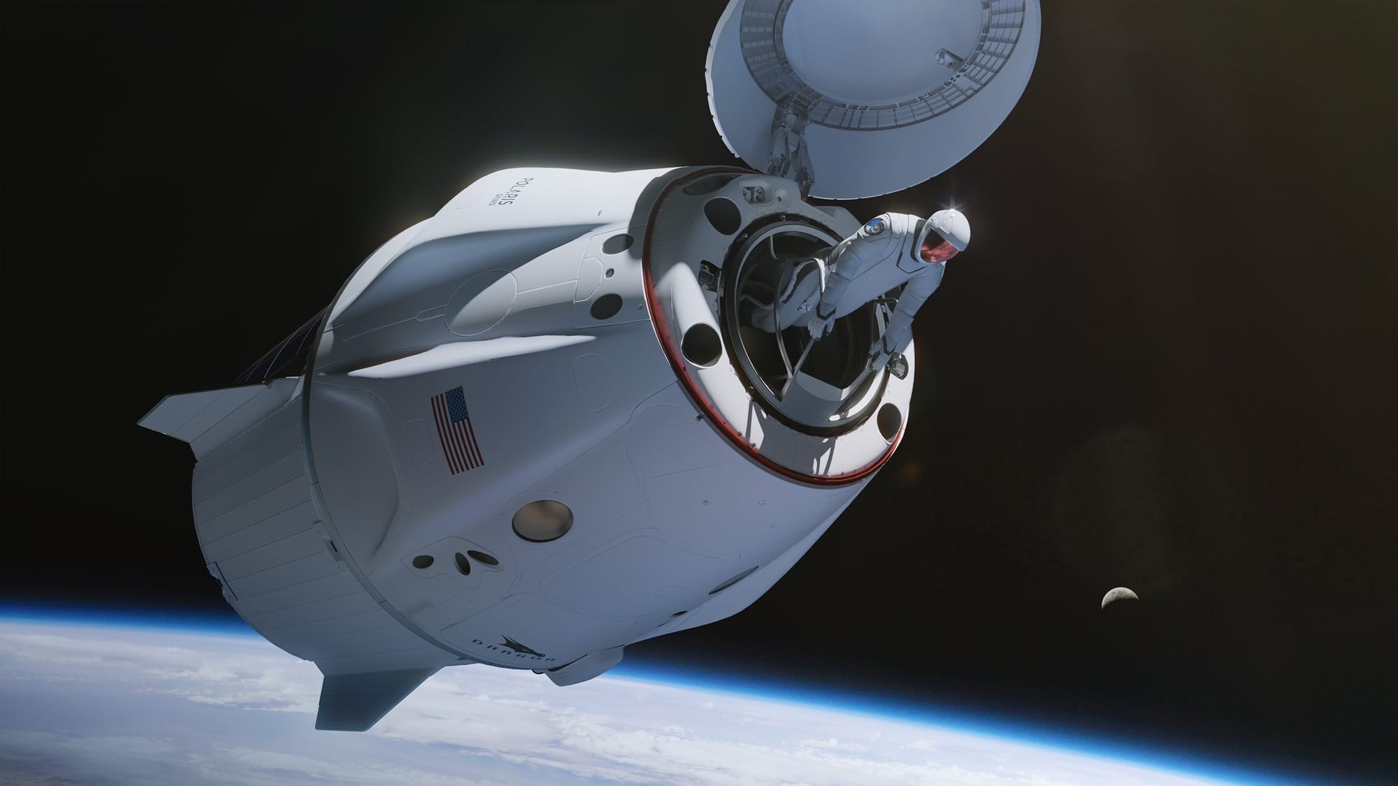 An astronaut performing an extravehicular activity from SpaceX's Crew Dragon spacecraft. ©SpaceX/Polaris Program