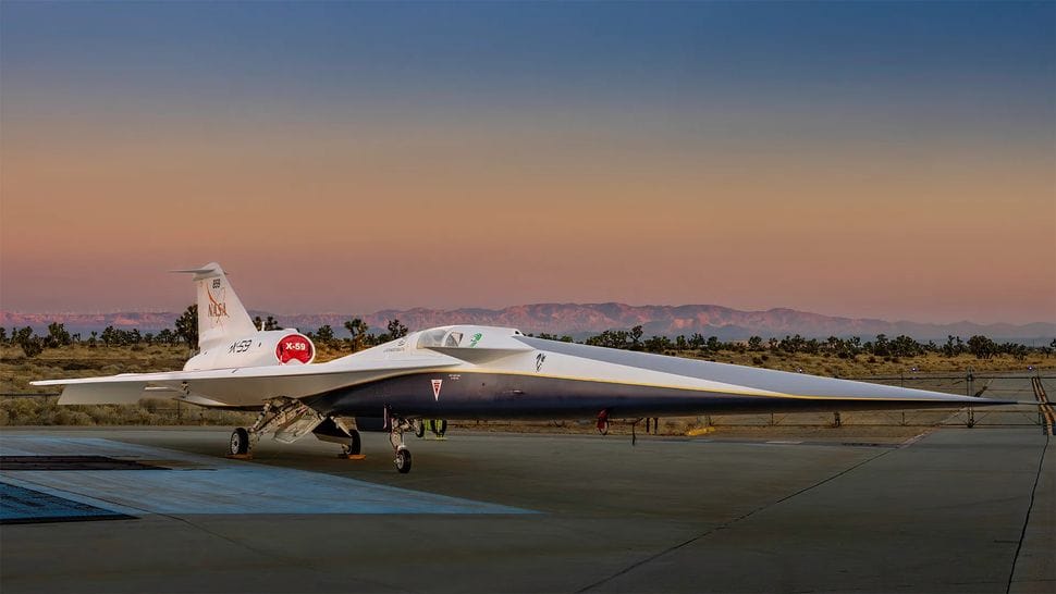 NASA’s X-59 quiet supersonic research aircraft sat on a runway. ©Lockheed Martin