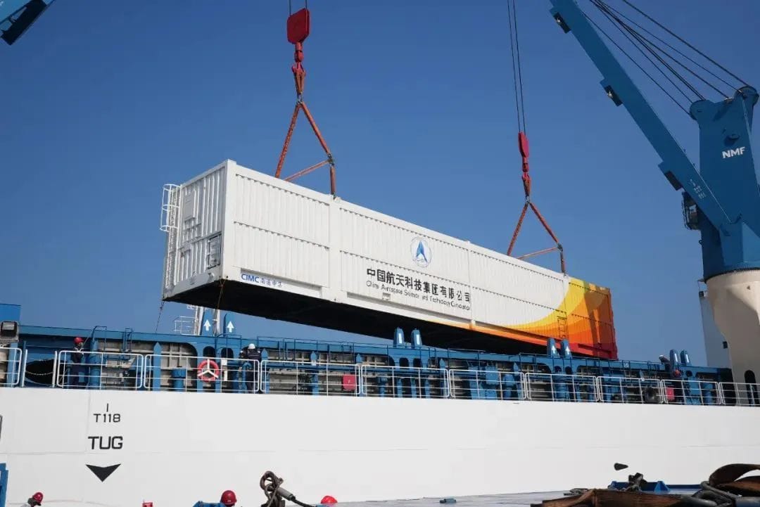 A container housing hardware for the Long March 8 being unloaded in Hainan. ©China Academy of Launch Vehicle Technology