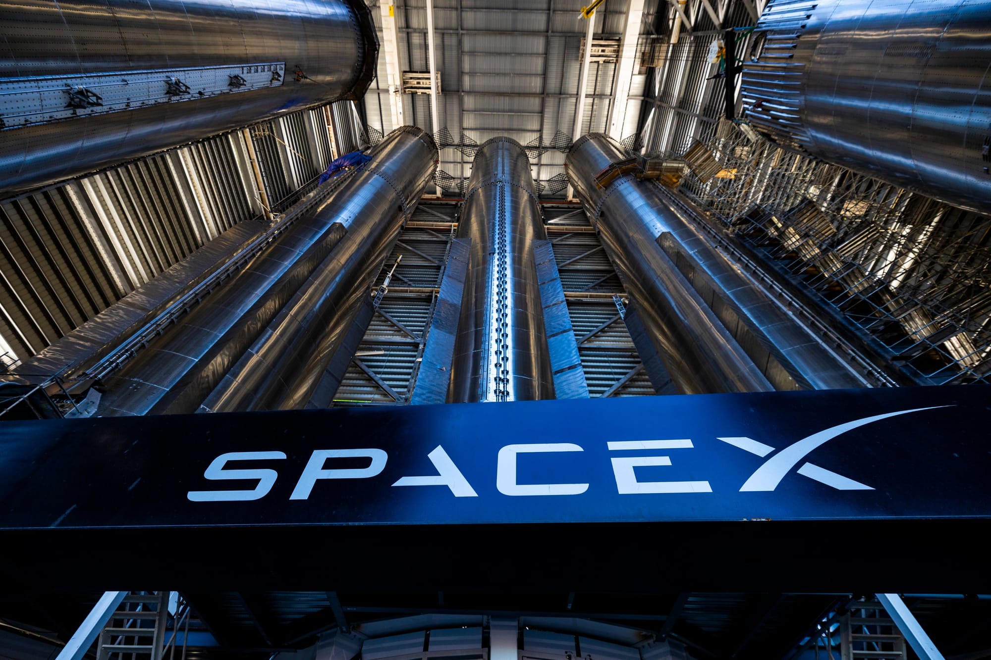A view of three boosters inside one of the 'Megabay's' at Starbase. ©SpaceX