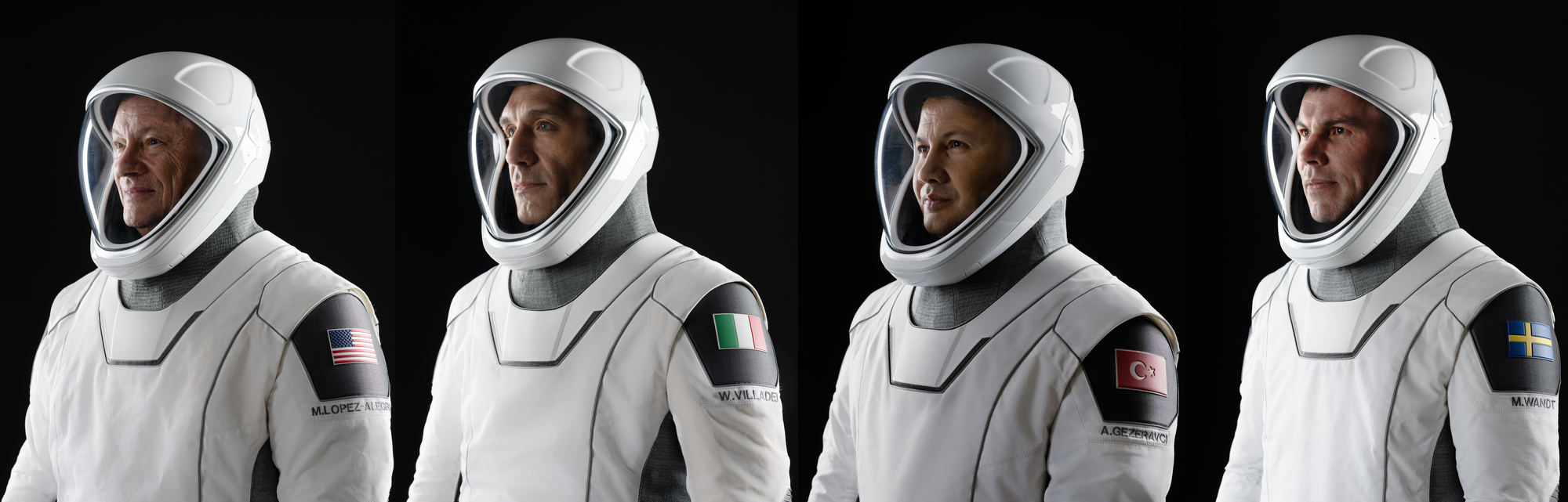 The Axiom-3 crew in their spacesuits (from left to right); Michael López-Alegría, Walter Villadei, Alper Gezeravcı, and Marcus Wandt. ©Axiom Space  