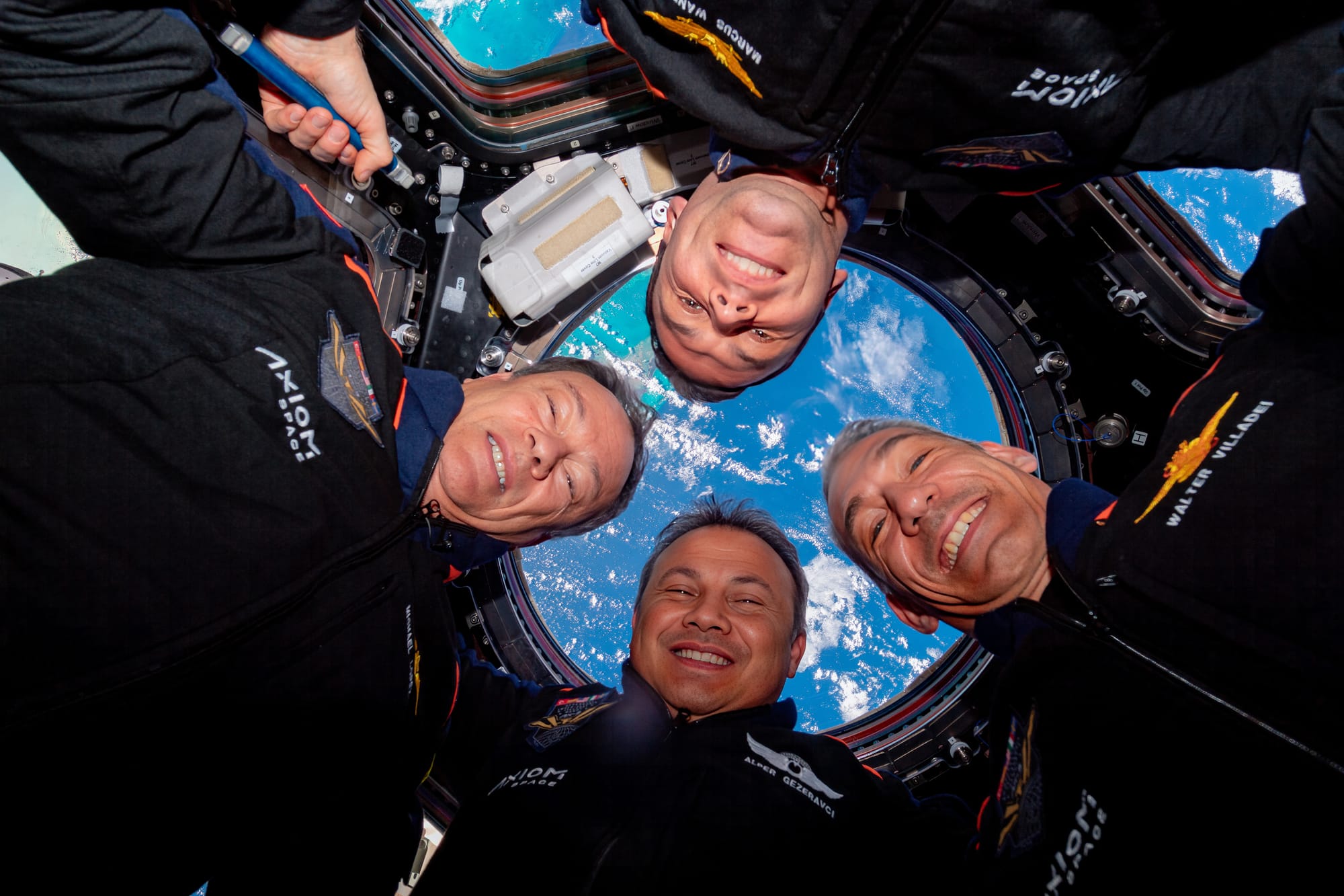 The Axiom-3 crew inside the Cupola on the International Space Station. ©Axiom Space