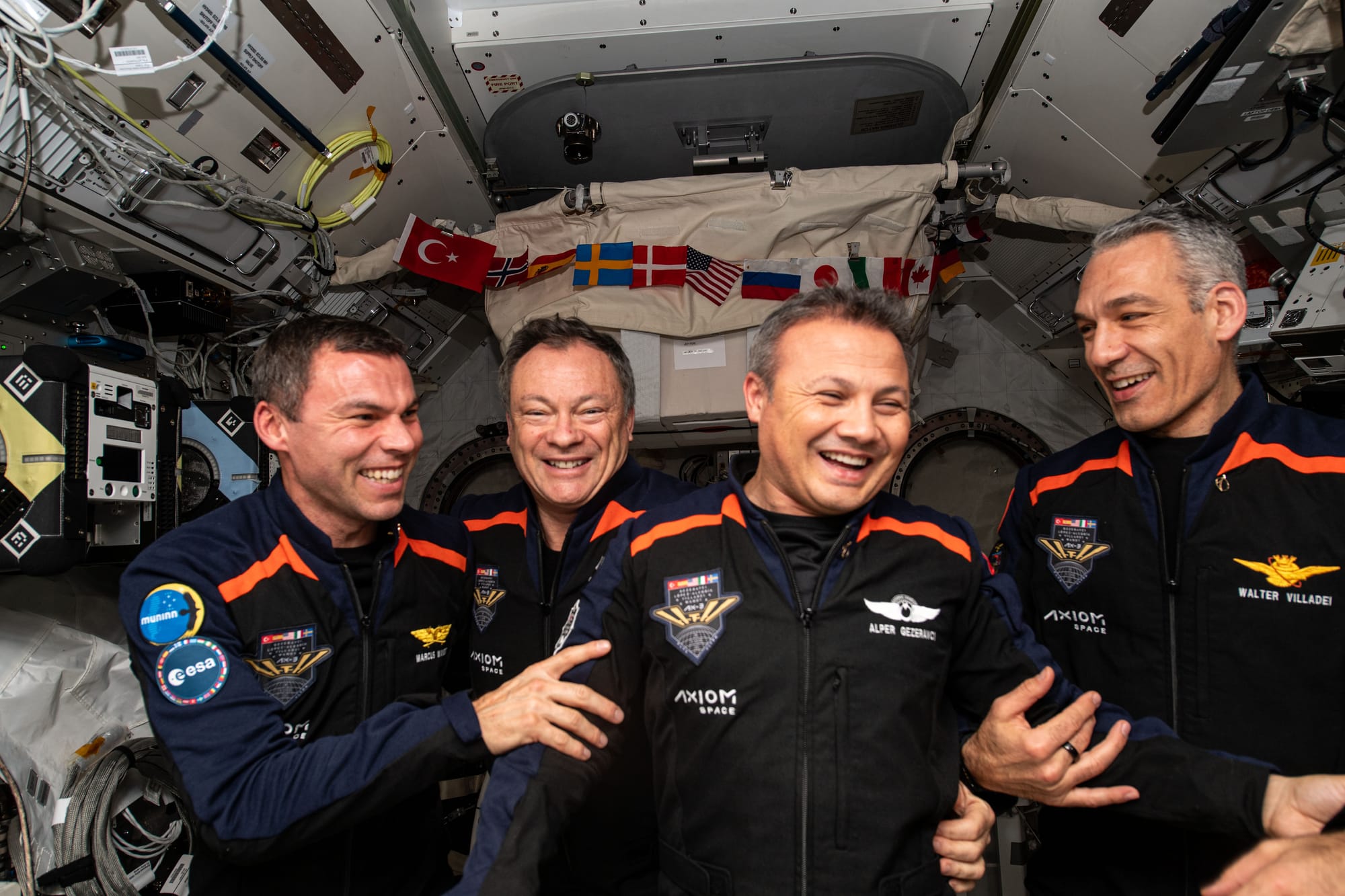 The crew of Axiom-3 inside the International Space Station (from left to right): Marcus Wandt, Michael López-Alegría, Alper Gezeravcı, and Walter Villadei. ©Axiom Space 