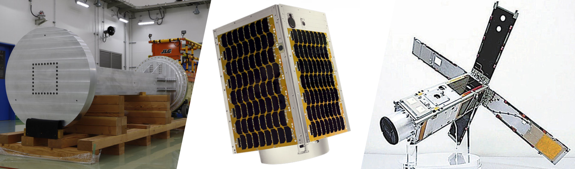 VEP-4 (left), CE-SAT-1E render (center), and a model of TIRSAT (right).