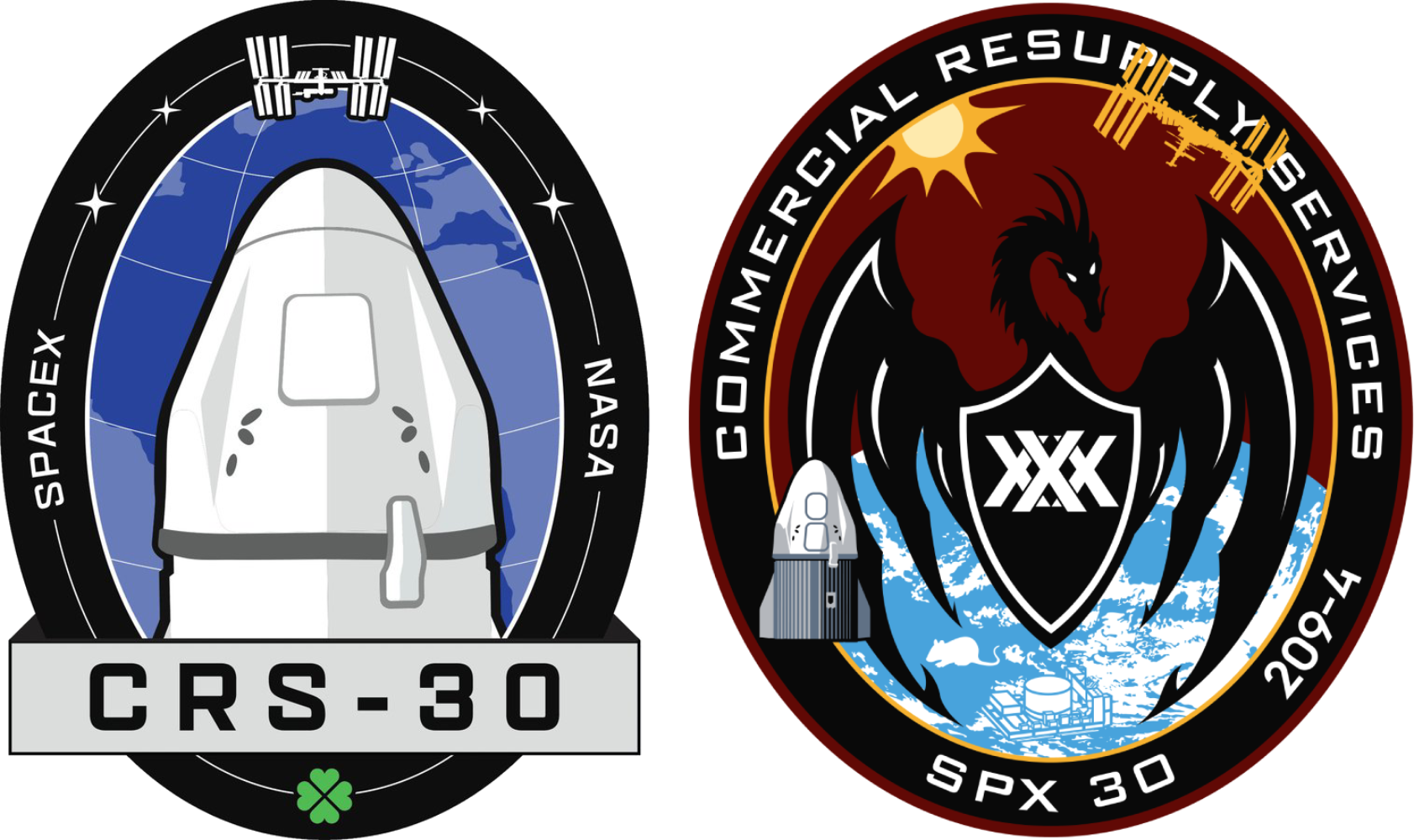SpaceX's CRS-30 mission patch (left) and NASA's CRS-30 mission patch (right). ©SpaceX/NASA
