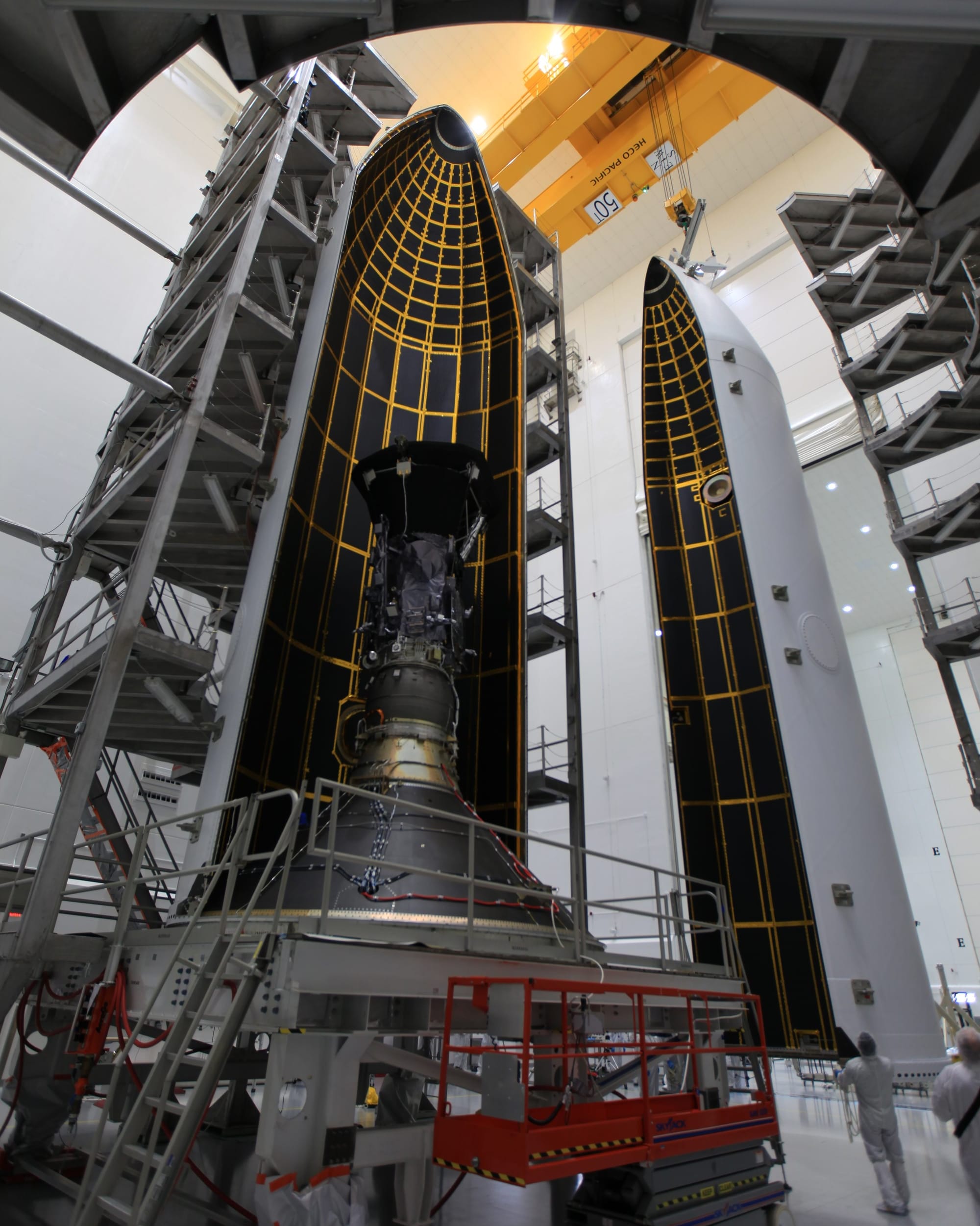 The Parker Solar Probe being encapsulated inside of the Delta IV Heavy's fairing. ©United Launch Alliance