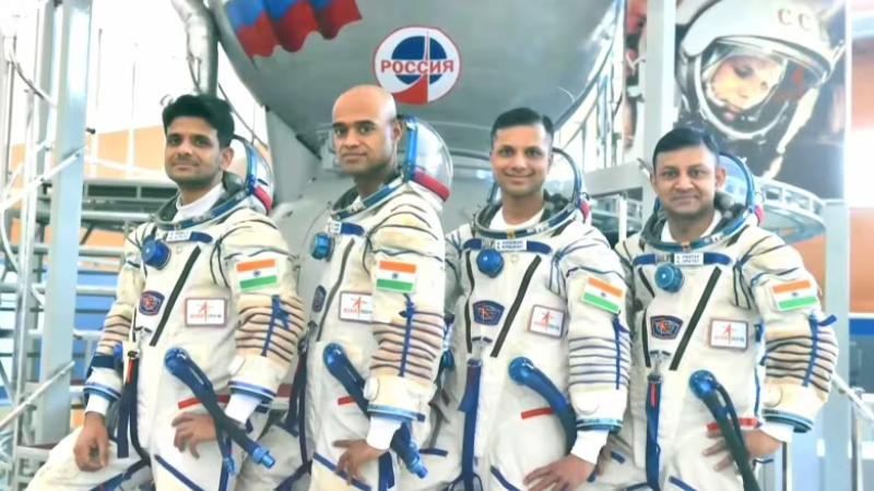 India's astronauts at a training facility in Russia, from left to right: Shubhanshu Shukla, Prashanth Balakrishnan Nair, Ajit Krishnan, and Angad Pratap. ©ISRO