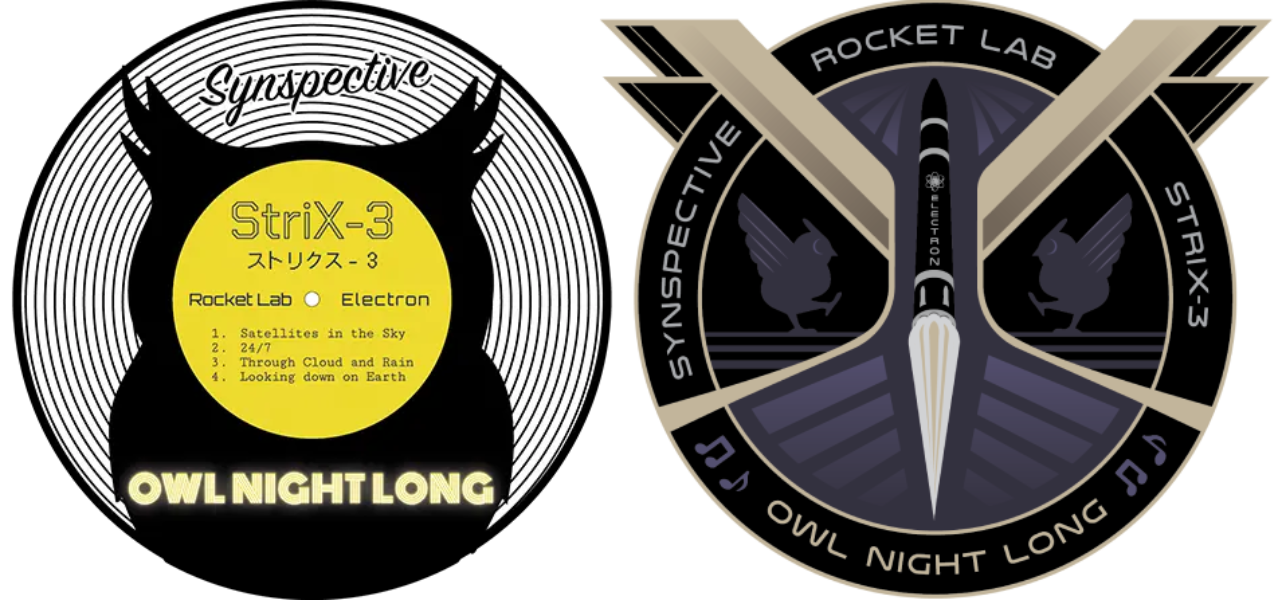 Synspective's StriX-3 patch (left) and Rocket Labs' forty-fifth mission patch (right). ©Synspective/Rocket Lab