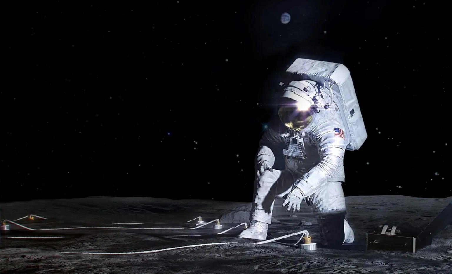 Artist’s concept of an Artemis astronaut deploying an instrument on the lunar surface. ©NASA