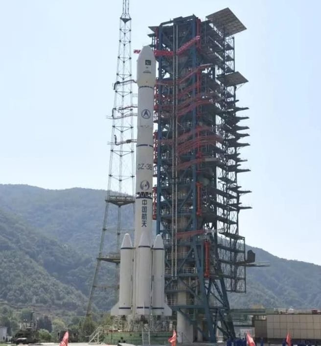 The Long March 3B/E Y96 vehicle at Launch Complex 2 of the Xichang Satellite Launch Center.