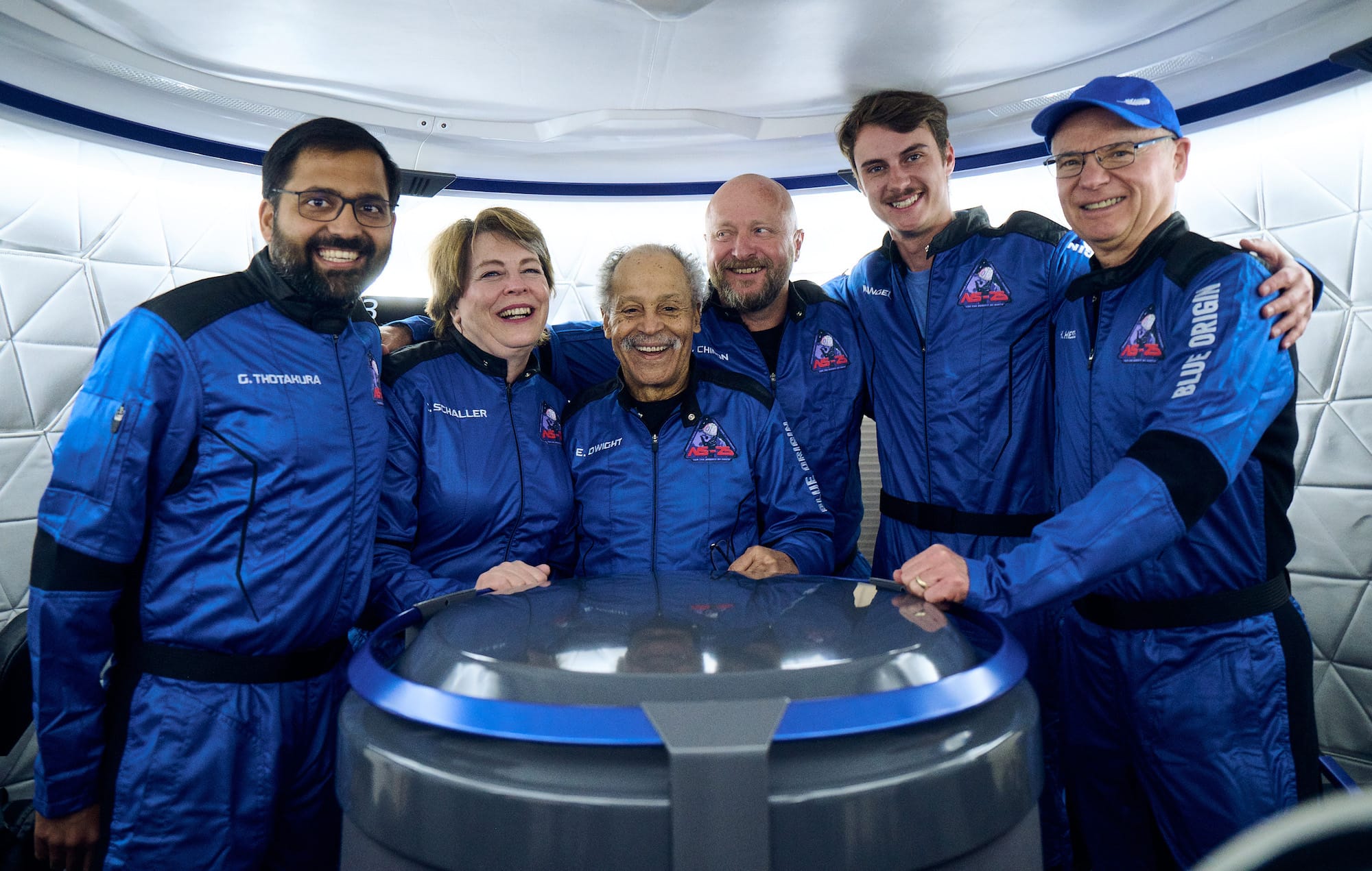 The crew of the NS-25 mission: (from left to right) Gopi Thotakura, Carol Schaller, Ed Dwight, Sylvain Chiron, Mason Angel, and Ken Hess. ©Blue Origin