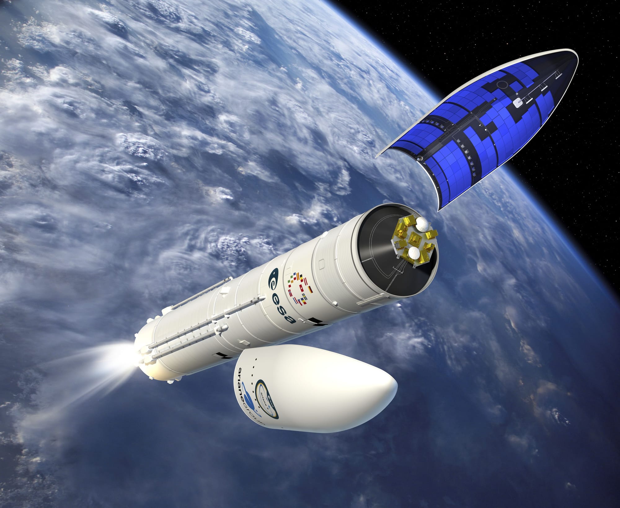 A render of Ariane 6 during the first flight during fairing separation. ©ESA