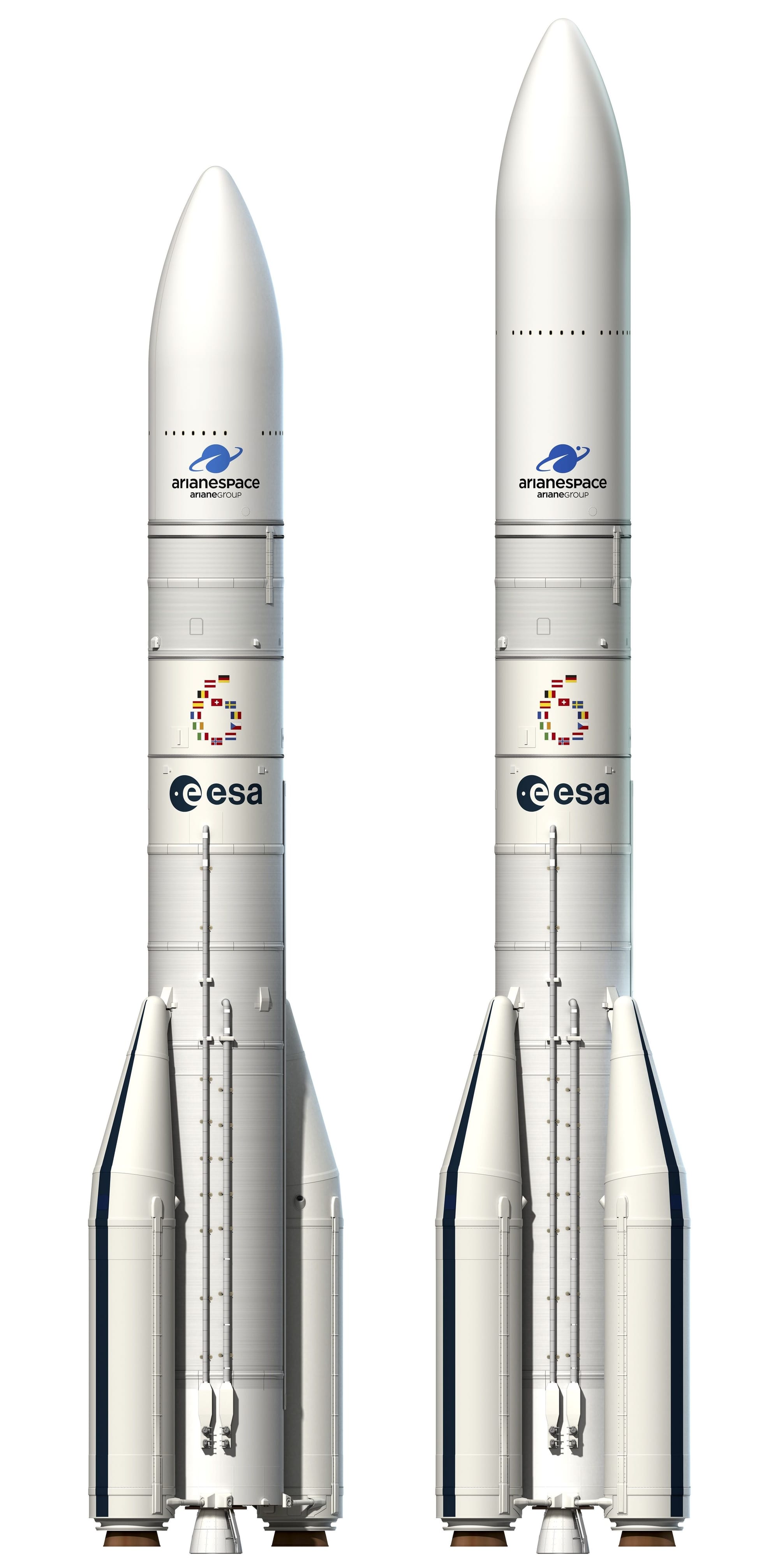 A render of Ariane 62 (left) with the short fairing option and Ariane 64 (right) with the long fairing option. ©D. Ducros/ESA