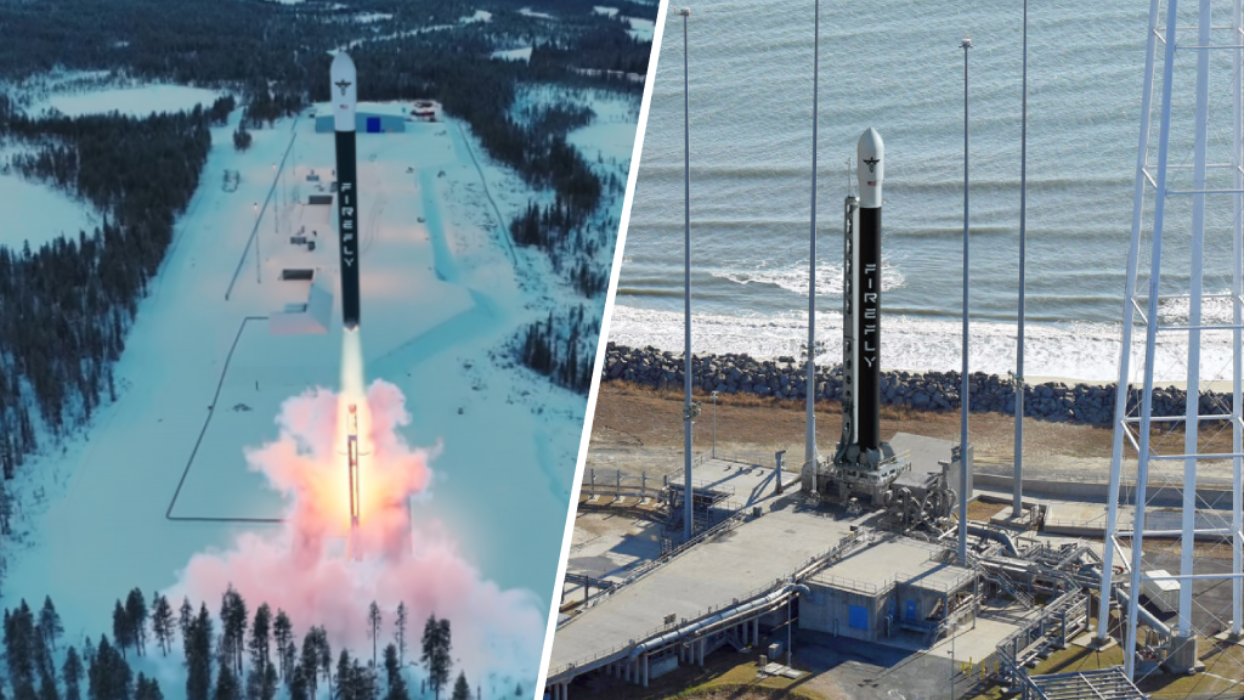 A render of Firefly's Alpha launch vehicle lifting off from the Esrange Space Center (left) and on the pad at the Mid-Atlantic Regional Spaceport (right). ©Firefly Aerospace