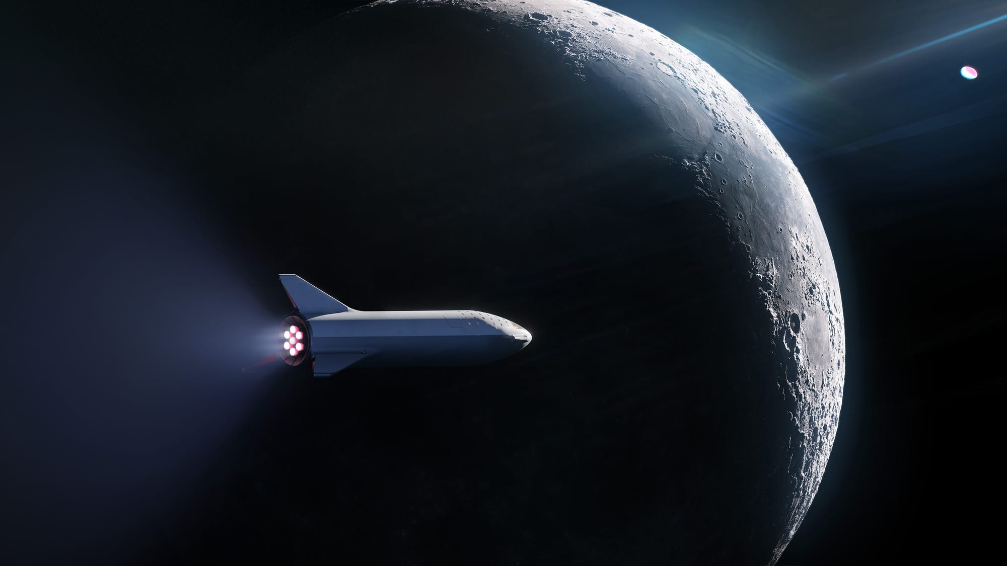 Starship in its 2018 design near the Moon. ©SpaceX