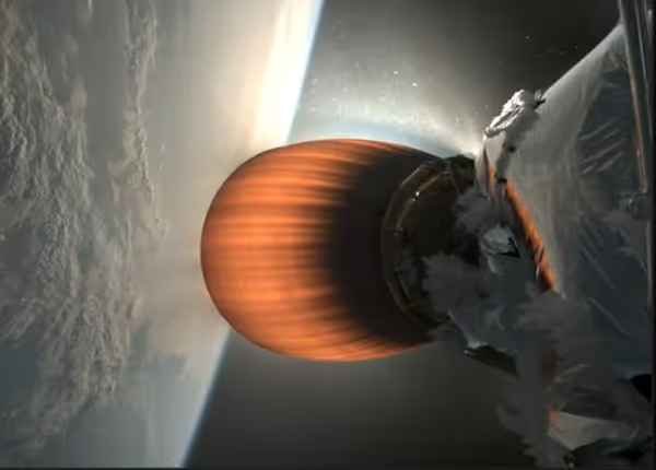 Falcon 9's second-stage MVac engine during its first burn before its failure, some ice can be seen forming near the engine. ©SpaceX