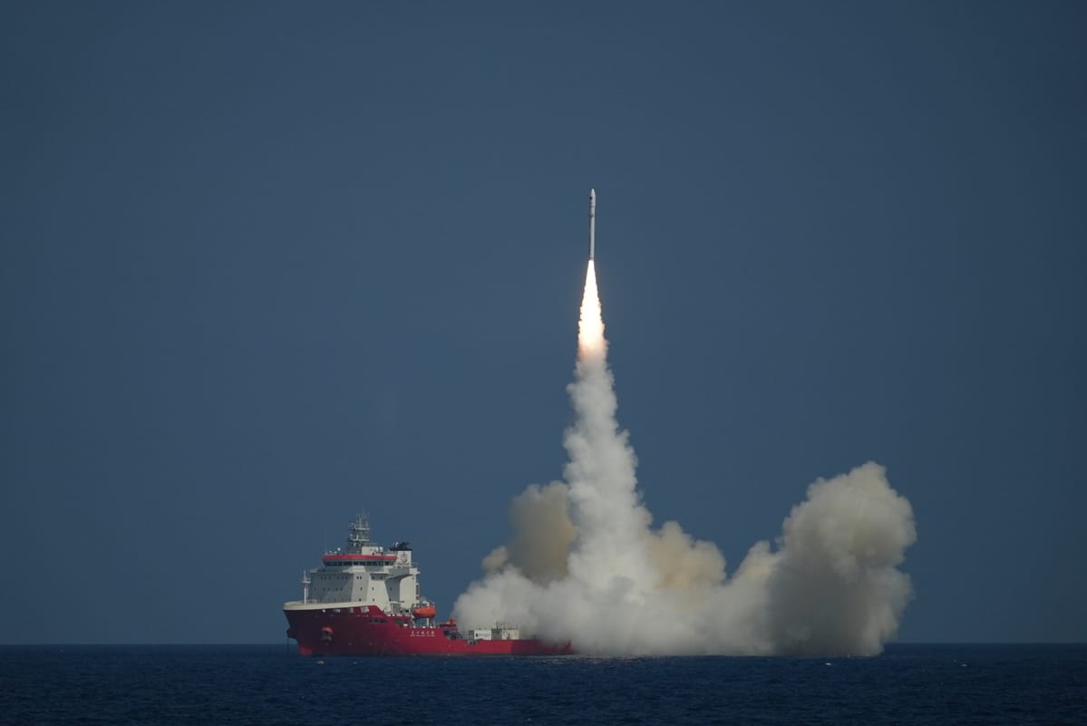 The Ceres-1S Y3 vehicle lifting off from its launch platform in the Yellow Sea.