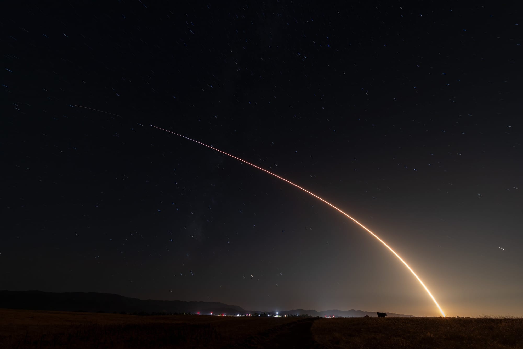 A long exposure photo of Falcon 9 during the Starlink Group 11-1 mission. ©SpaceX