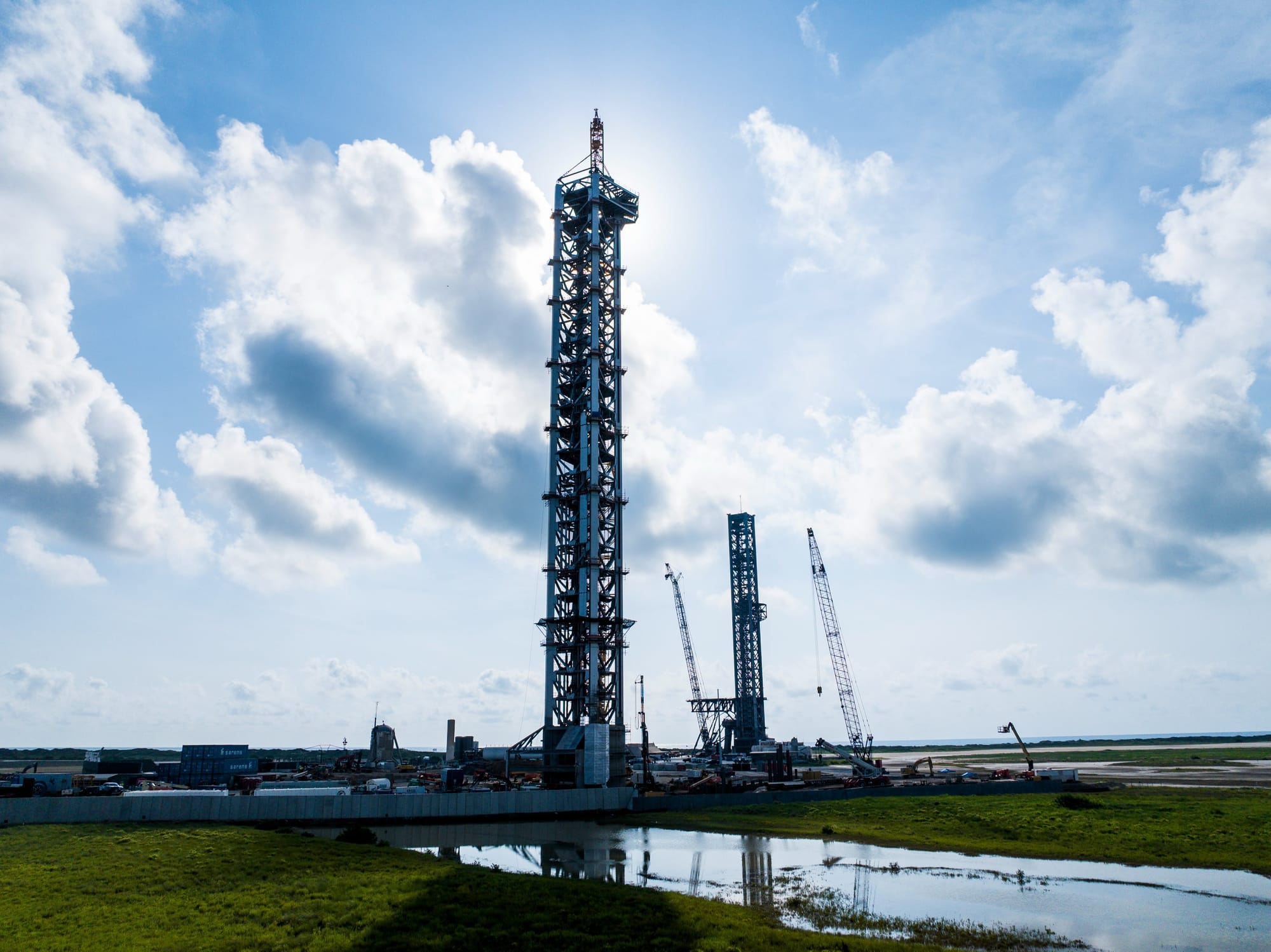 The two launch towers at SpaceX's Starbase facility, the second launch tower is in the foreground with the operational launch tower in the background. ©SpaceX