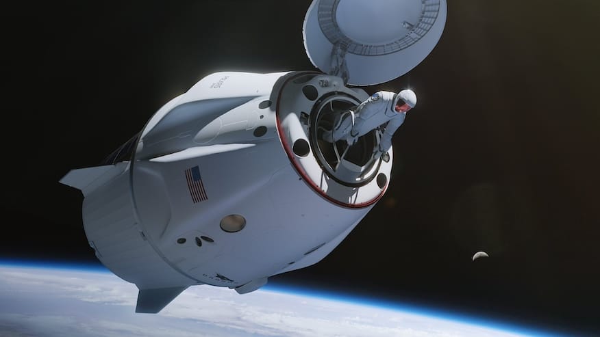 A render of Crew Dragon with an astronaut exiting the front of the spacecraft. ©SpaceX