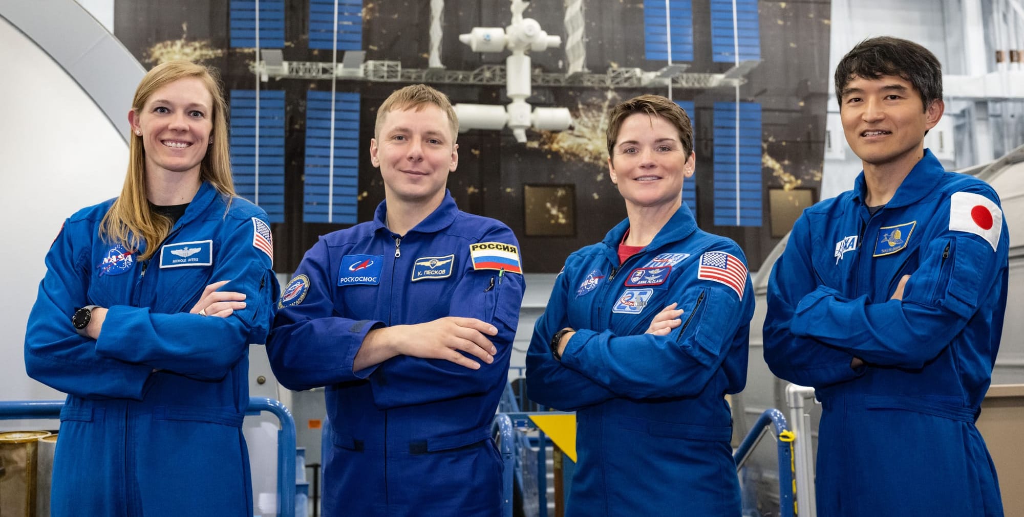 The Crew-10 crew: Nichole Ayers (left), Kirill Peskov (center left), Anne McClain (center right), and Takuya Onishi (right). ©NASA