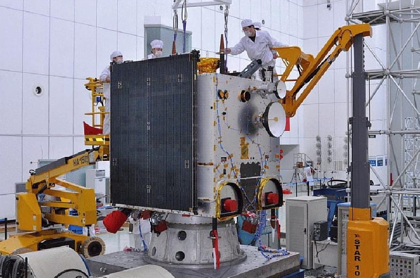 Chang'e 2 during pre-launch preparations at the Xichang Satellite Launch Center without its outer layer of golden-colored multi-layer insulation installed.