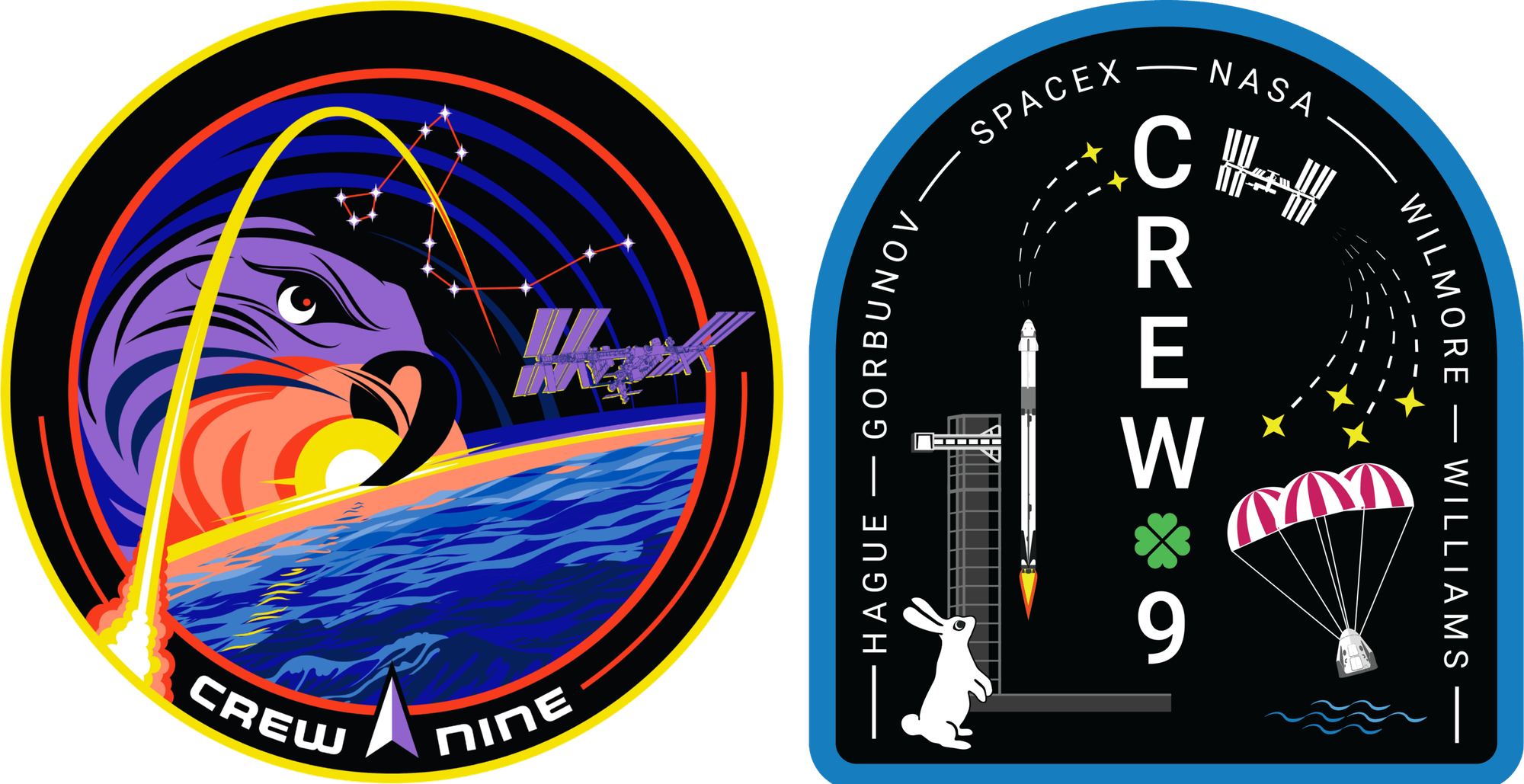 NASA's Crew-9 mission patch (left) and SpaceX's Crew-9 mission patch (right). ©NASA/SpaceX