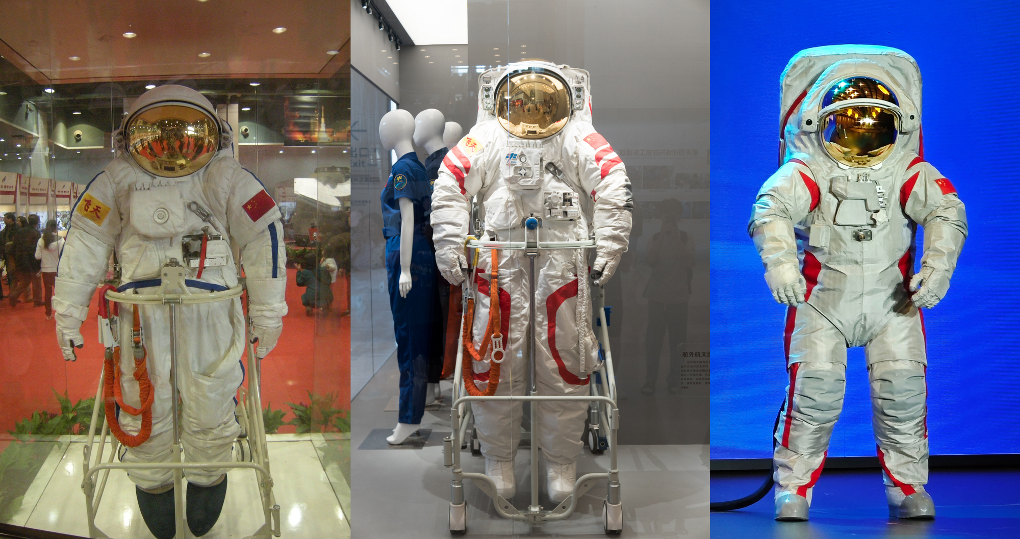 The first-generation Feitian spacesuit (left), the second-generation Feitian spacesuit (center), and the lunar space suit (right). ©风之清扬, Shujianyang, and Wang Quanchao/Xinhua.