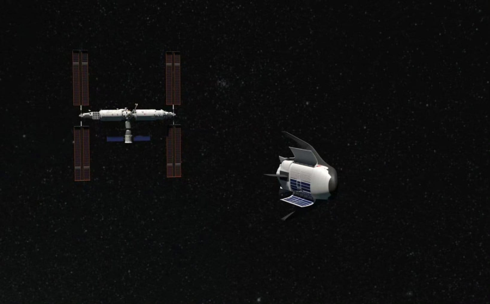 A render of Hao Long approaching the Tiangong Space Station.