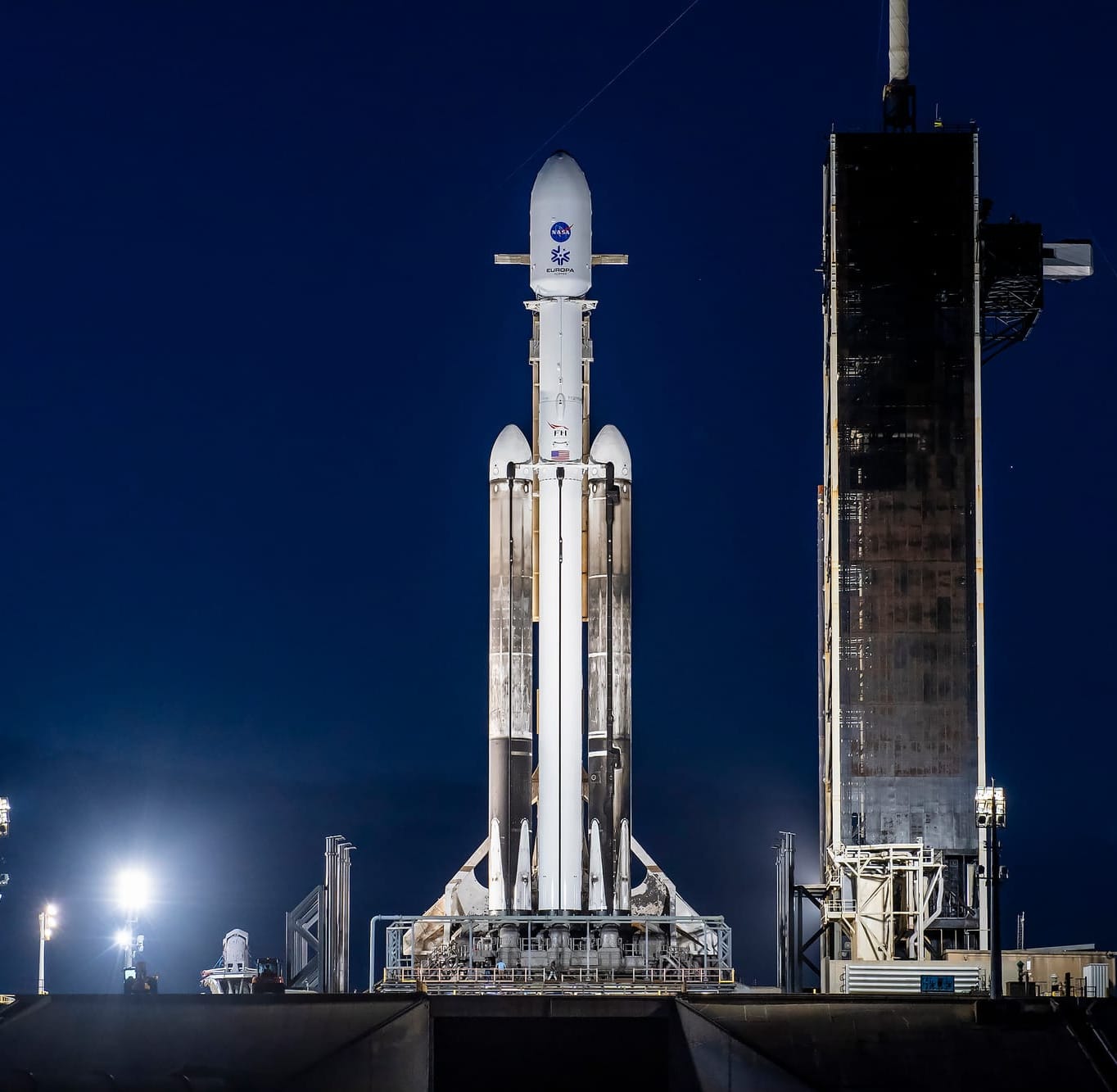 Falcon Heavy at Launch Complex 39A the night before launch. ©SpaceX