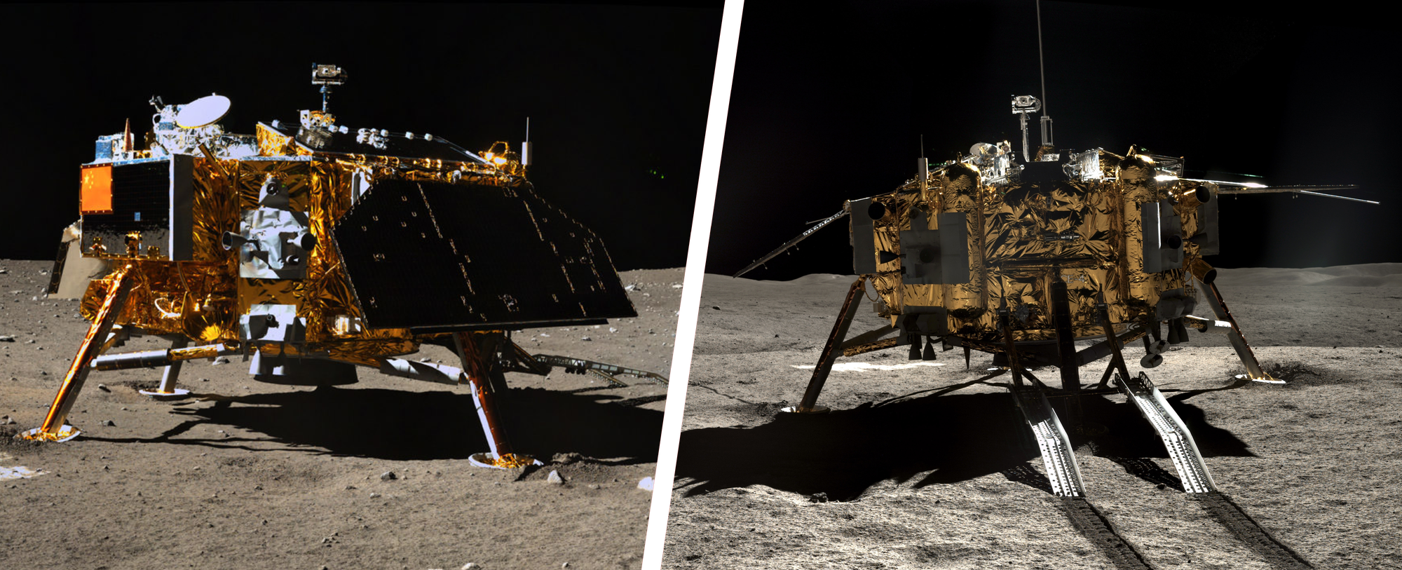 Chang'e 3 on the lunar surface as seen from the Yutu rover (left) and Chang'e 4 seen from the Yutu-2 rover on the lunar surface (right).