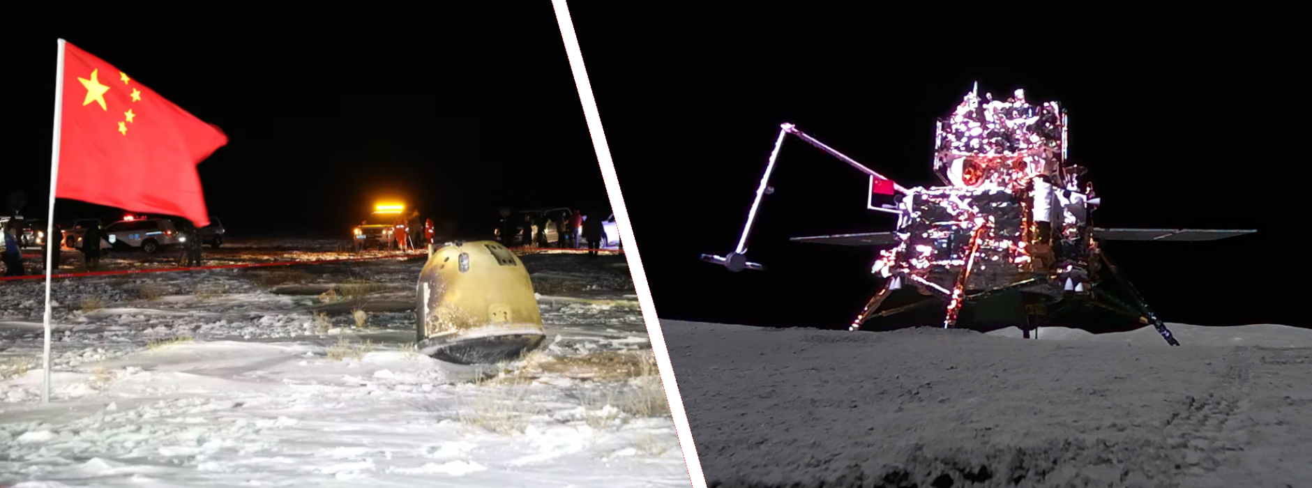 The Chang'e 5 sample return capsule back on Earth (left) and the Chang'e 6 lander on the lunar surface (right).