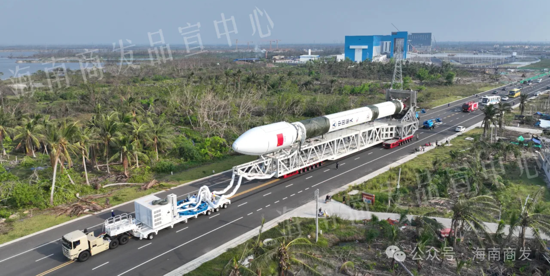 A Long March 12 during rollout to the launch pad at the Wenchang Commerical Space Launch Site.