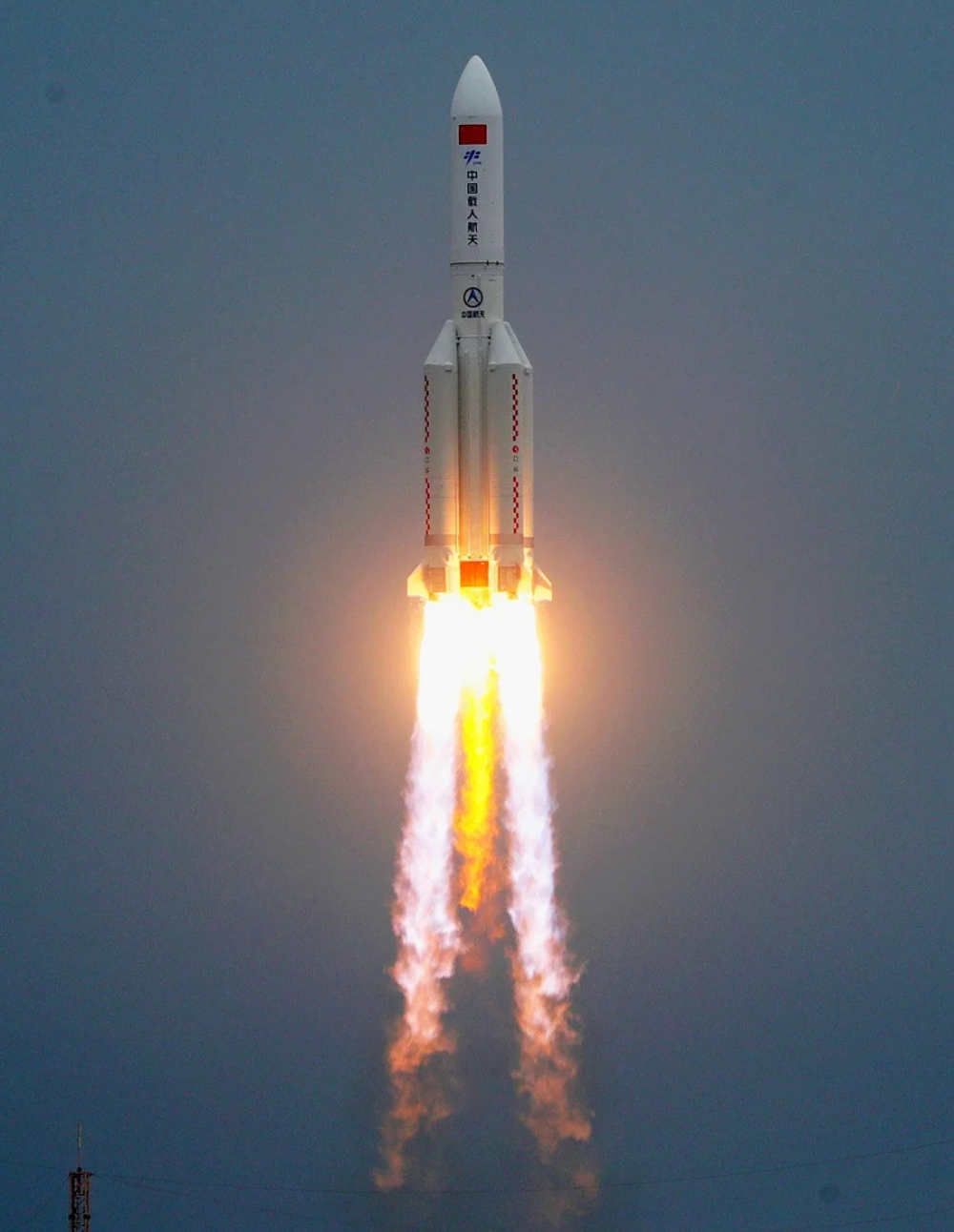 A Long March 5B during first-stage flight after lifting off from the Wenchang Space Launch Site.