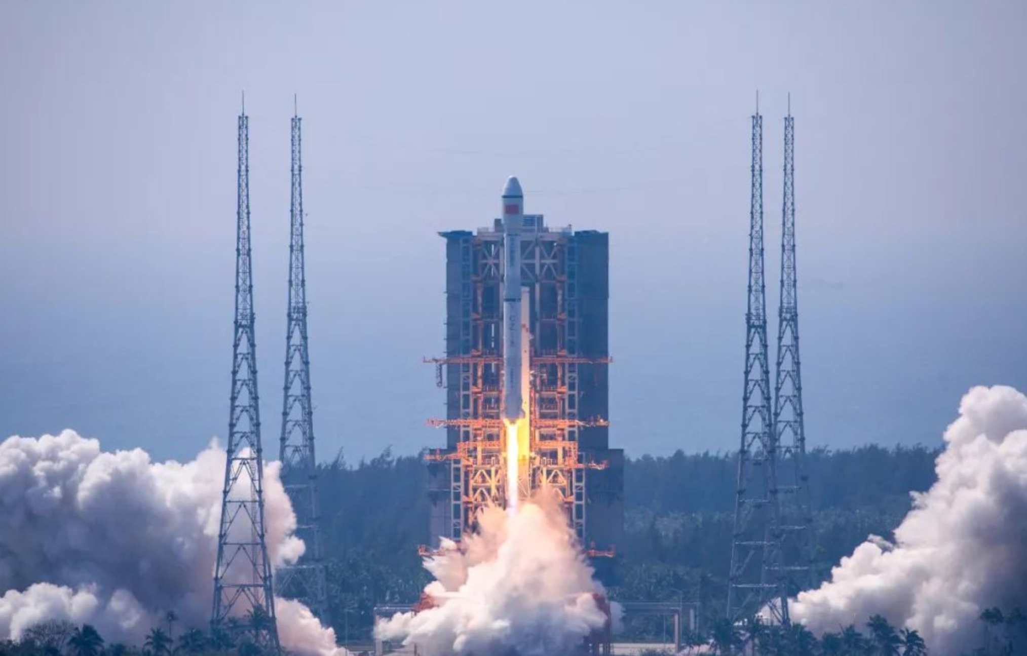 A Long March 8 (Core Alone) lifting off from Launch Complex 2 at the Wenchang Space Launch Site.